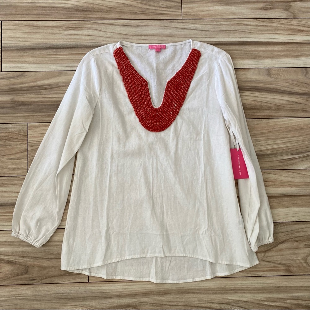 Isaac Mizrahi White Linen Blend Beaded V-neck Tunic Size S
